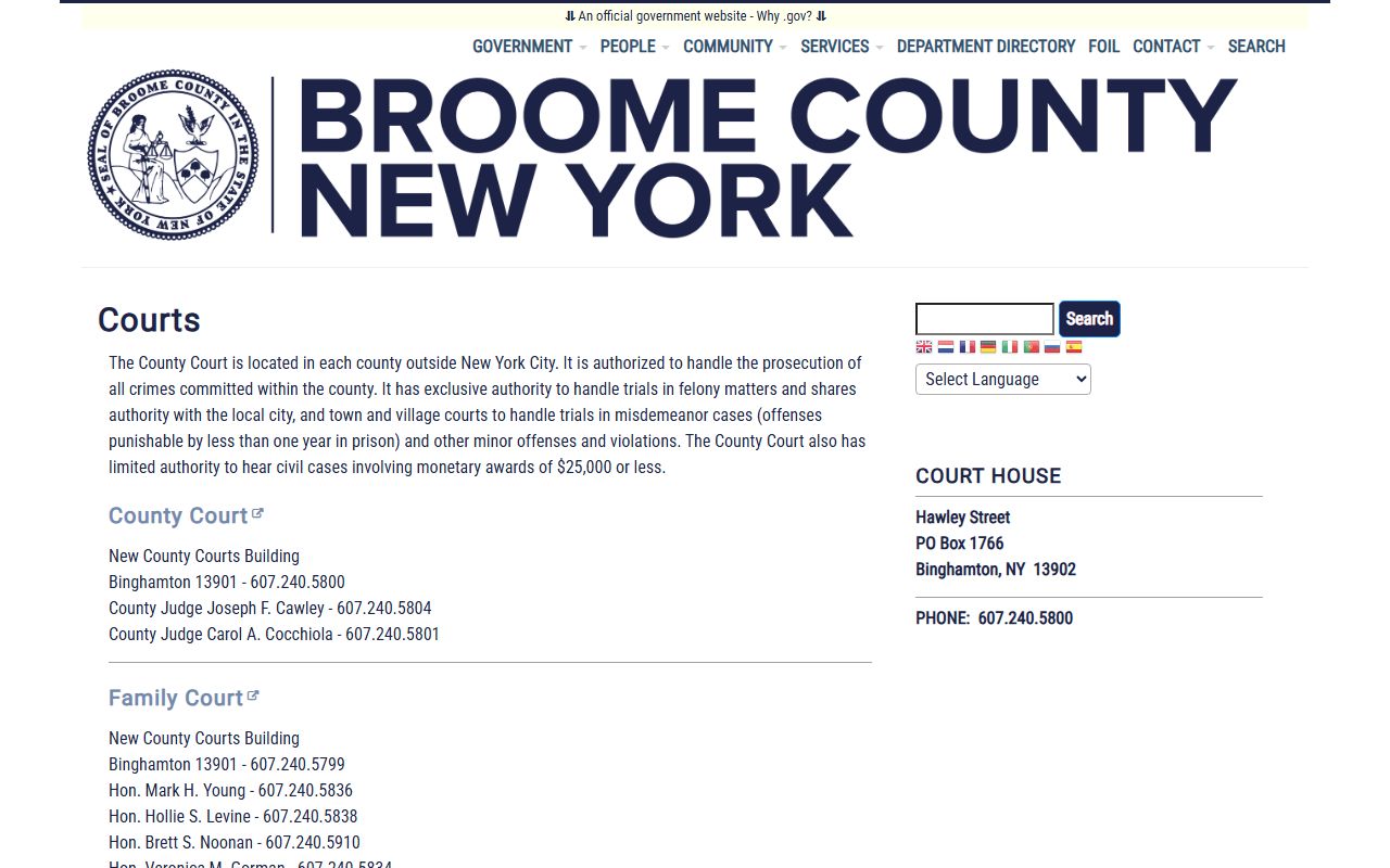 Broome County courts contact page with County Court and clerk information