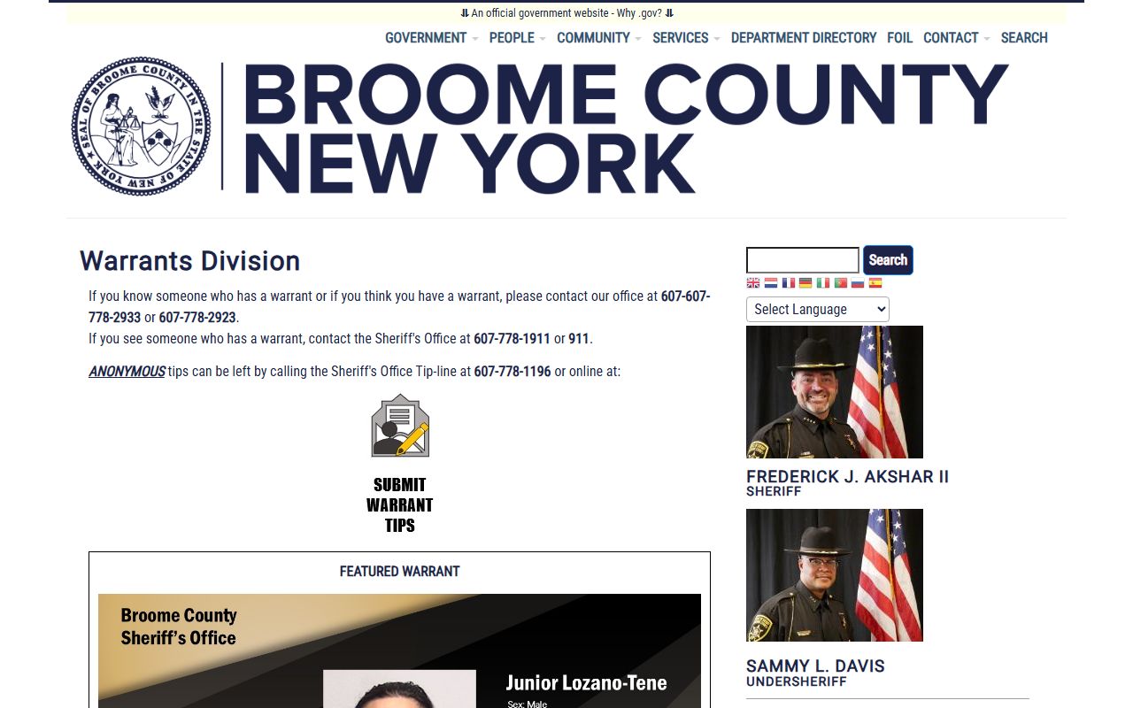 Broome County Sheriff's Warrants Division and Top 10 Most Wanted page with selected photos
